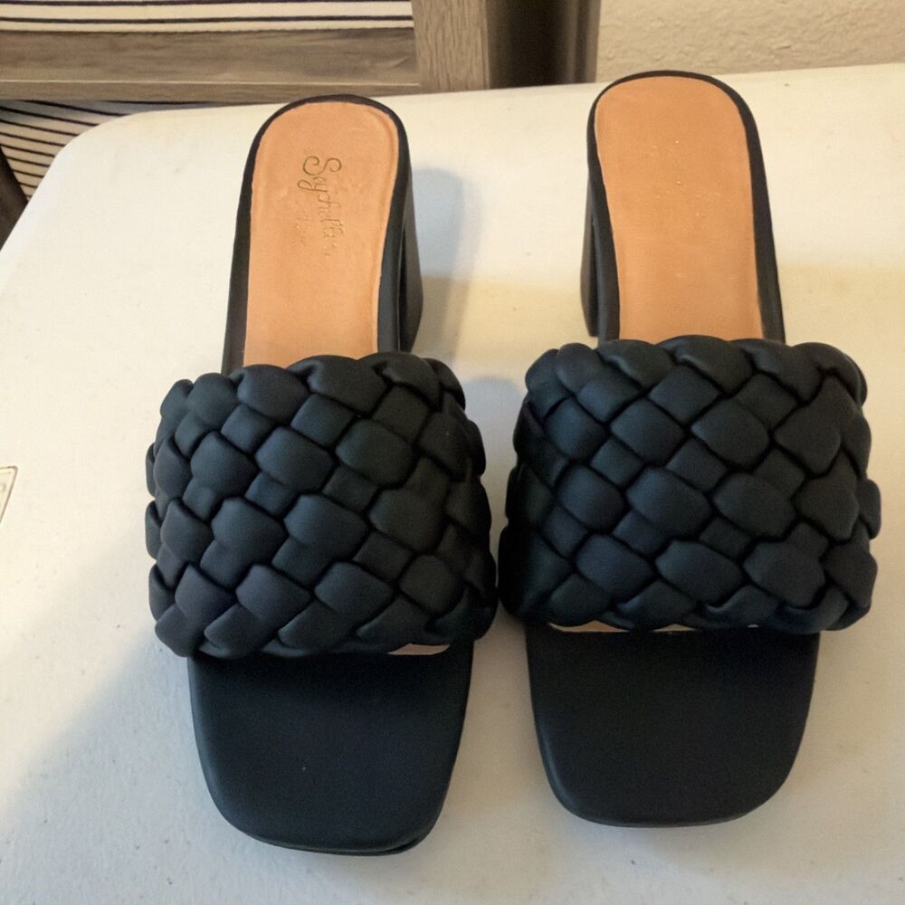 Seychelles Woven Leather Platform Slide Sandals Black Size 8